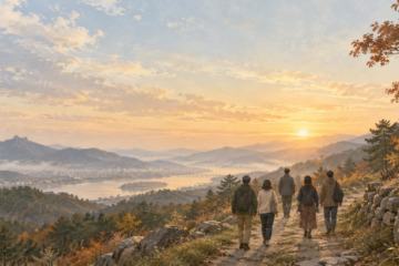 아침 햇살이 비치는 가을 산길을 함께 걸어가는 사람들 — 그리스도를 본받는 삶과 목회 리더십